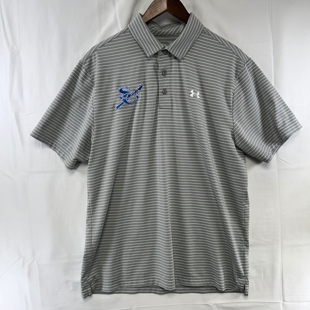 Under Armour Polo Shirt Mens Large Grey Striped HeatGear Sapulpa Chieftains